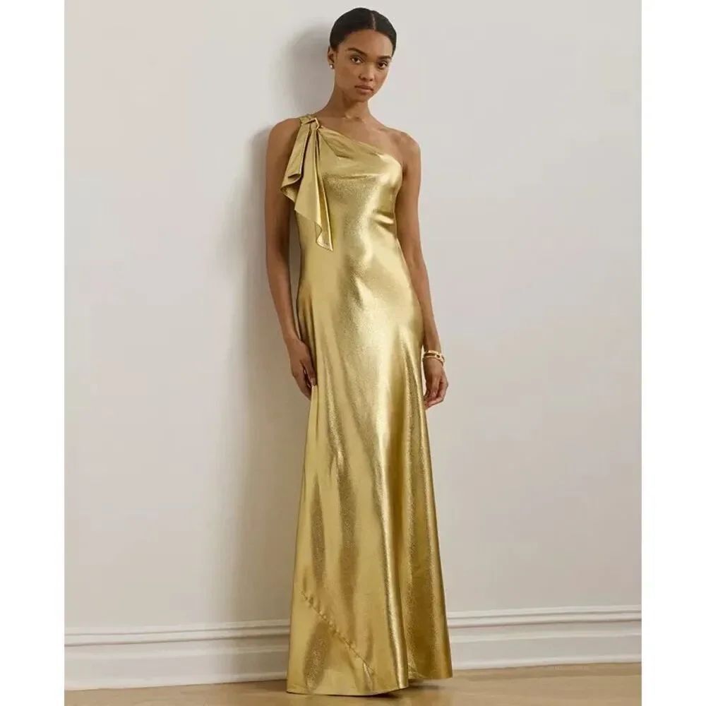 New $295 Ralph Lauren Elzira Metallic Charmeuse One-Shoulder Gown Gold Sz 8